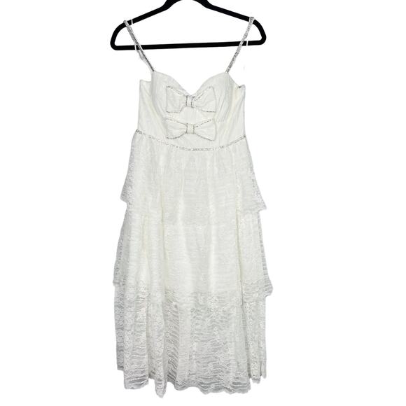 LENA Medium M White Love In My Heart Midi Dress Lace Tiered Bow Rhinestone Bride - Picture 1 of 15
